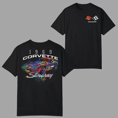 Corvette Stingray 1969 T-shirt, Neon Chrome Sports Car Graphic 2 Sides, Vibrant