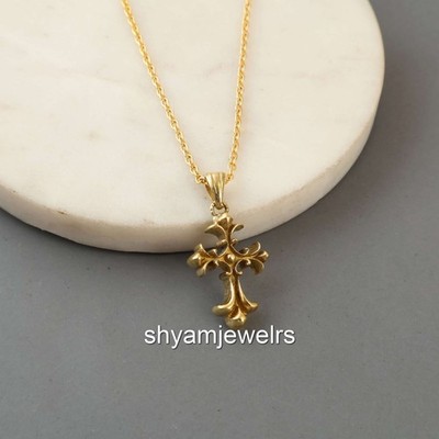 Title Vintage Gothic Cross Pendant Necklace Gold Plated Brass Medieval Fleur De