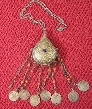 North Africa Jewelry , Morocco Silver Arab, Berber Amulet Coin Necklace