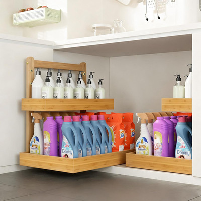Bamboo Undersink Organizer Storage - 2-Tier Cabinet Shelf with Adjustable Levels