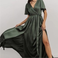 Baltic Born Womens Size M Sicily Satin Green Maxi Wrap tie v-neck Dress solid