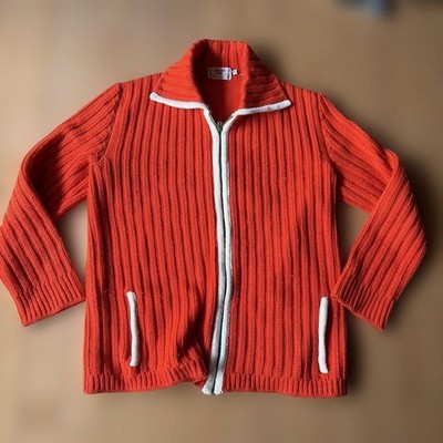 CÉLINE L/S Collared Zip Up Knit Jacket Cardigan Orange/White Size 42