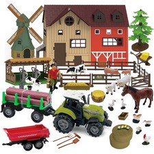 136PCS Farm Animals Toys Set Comes with Barn, Tractor Trailer, Milking shed, Win
