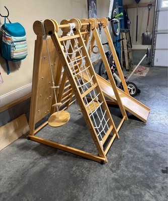 Funphix Wooden Climber Play Set with Slide, Monkey Bars, Ages 2-12