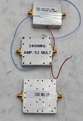 (LOT OF 3) RF MICROWAVE, WAVEGUIDE, TEST BOARDS FHX-14LG FET AMP,  2400MHz X 2 +
