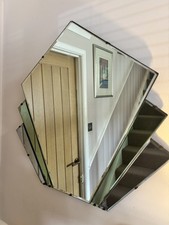 Vintage Art Deco Fan Wall Mirror Green Glass Panels 1930s Sunburst Frameless