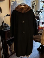Vintage 1960  s Black Cashmere Midi Swing Coat w Fur Collar GVC