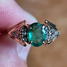 9ct Yellow Gold Natural Oval Emerald & Diamond Prong Ring Hallmarked Size K