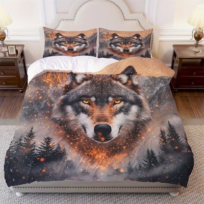 Forest Flame Wolf Duvet Quilt Cover Set + Pillowcases Twin Full Queen King Decor