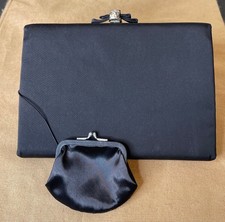 VINTAGE Black Satin Clutch Evening Bag w/Coin Purse Jeweled Bow Clasp AFTER FIVE