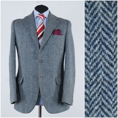 Hellblaues HARRIS TWEED Herren-Sakko 42R UK Fischgrätmuster Wolle Sport Mantel Blazer