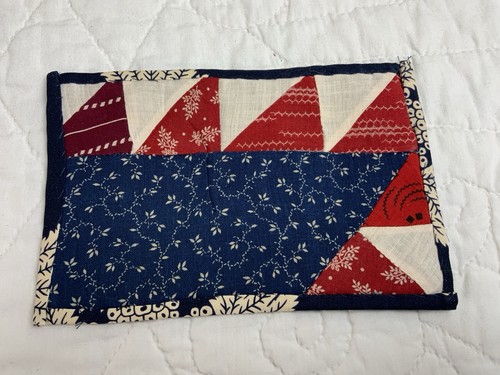 Vintage Patchwork Quilt Table Topper, Triangles, Early Calicos, Blue, Red - Picture 2 of 9