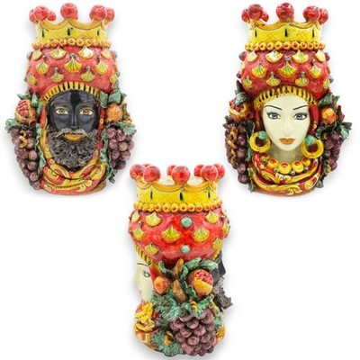 Janus Two-Faced Kopf Mit Zwei Gesichtern, H 32 CM Ca. Kera Caltagirone, Krone,