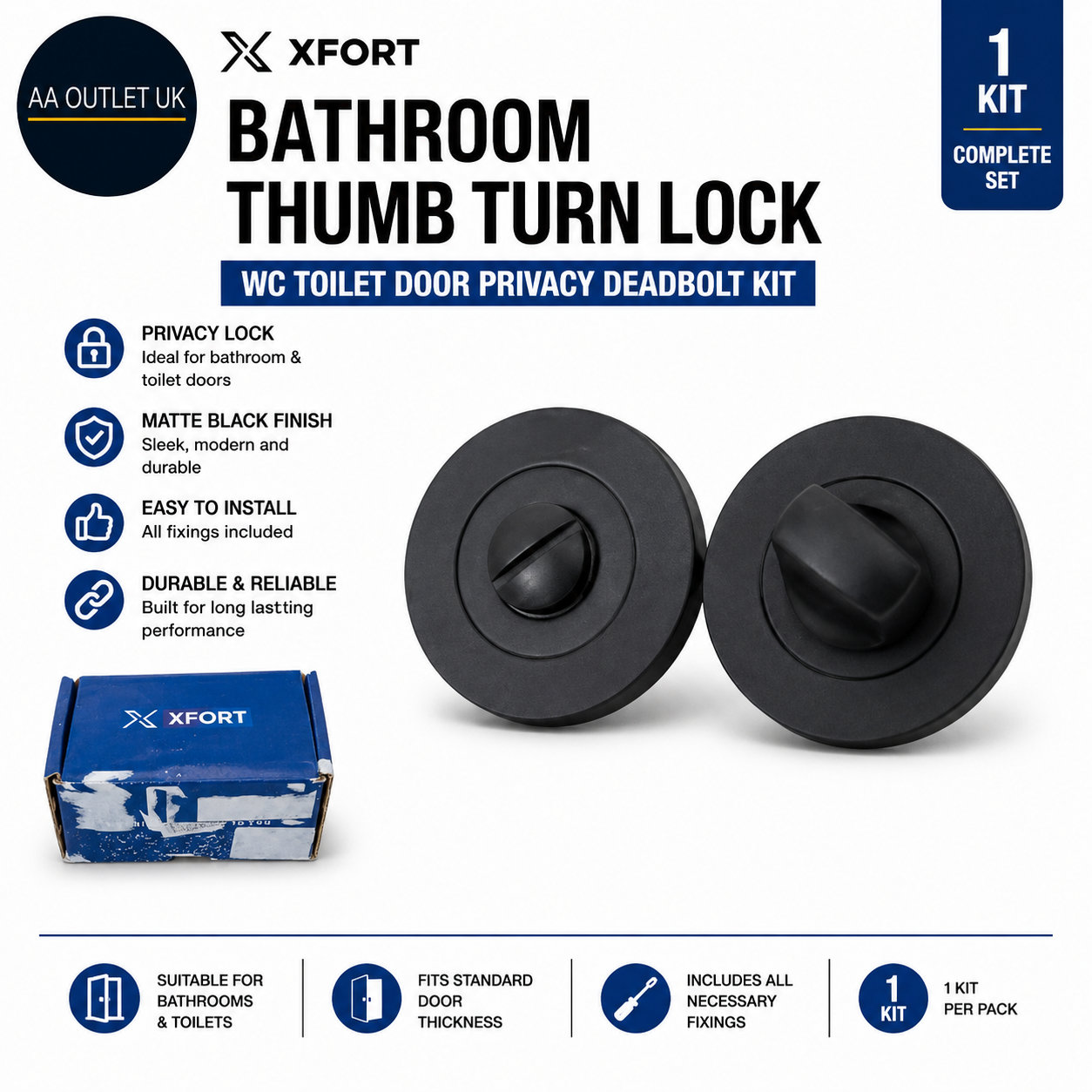 XFORT Matt Black Bathroom Thumb Turn Lock WC Toilet Door Privacy Deadbolt Kit