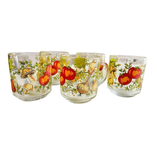 Vintage Arcoroc France Spice of Life Pressed Glass 8 Ounce Coffee Mugs Set Of 5