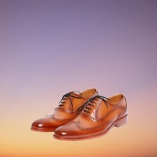Men Tan Leather Brogue Wingtip Formal Dress Shoes, Oxford dress Shoes