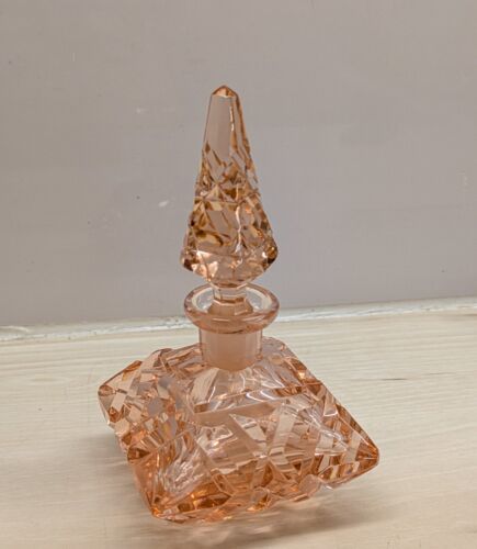 Antique Art Deco Czech Pink Crystal Perfume Bottle 4 1/8" Tall - Picture 11 of 14
