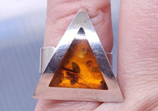 Vintage Sterling Silver Yellow Amber Triangle Wide band Ring size 6