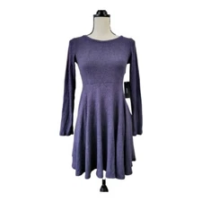 Lulus Fit and Fair Blue Ribbed Knit Long Sleeve Skater Dress Size S New