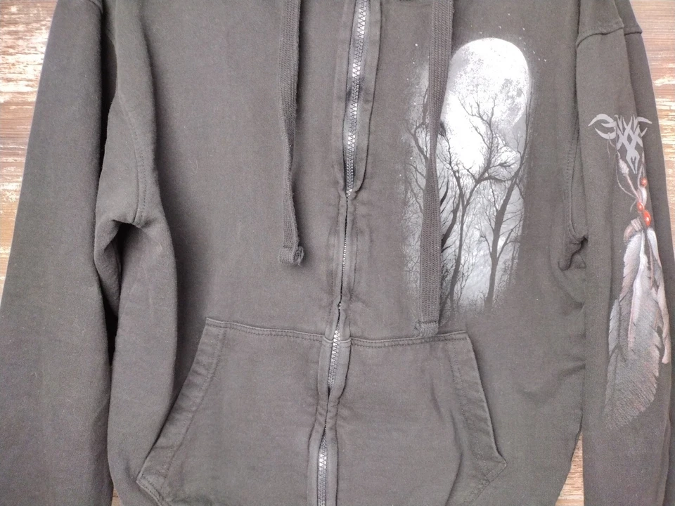 Spiral Direct Hoodie Med Black Fade Wolf Fangs Werewolf Native Feathers Goth - Image 3 of 4