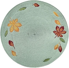 2 Same Round Woven Polypropylene Placemats (15") FALL EMBROIDERED LEAVES, KO