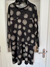 BN CERULEAN GREY & CREAM HIGH NECK HATCHED DOT LONG SLEEVE DRESS SZ L/XL (20/22)