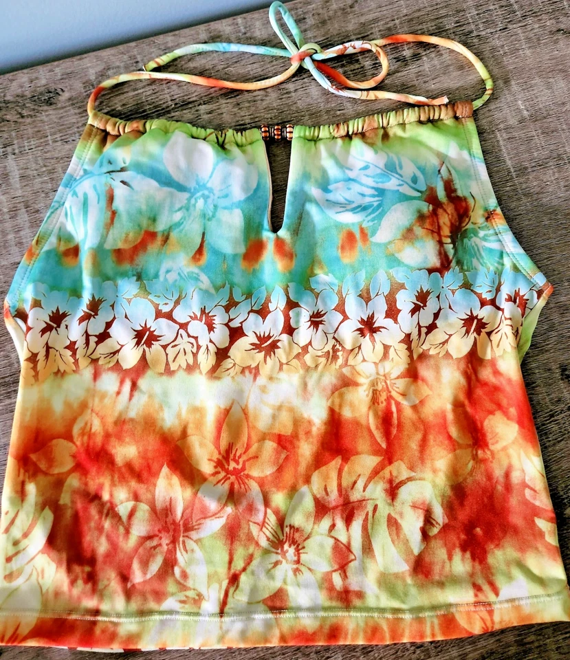 L.E.I. Roupa de banho feminina 2 peças Tankini Halter Top triangular havaiana tropical - Imagem 2 de 4