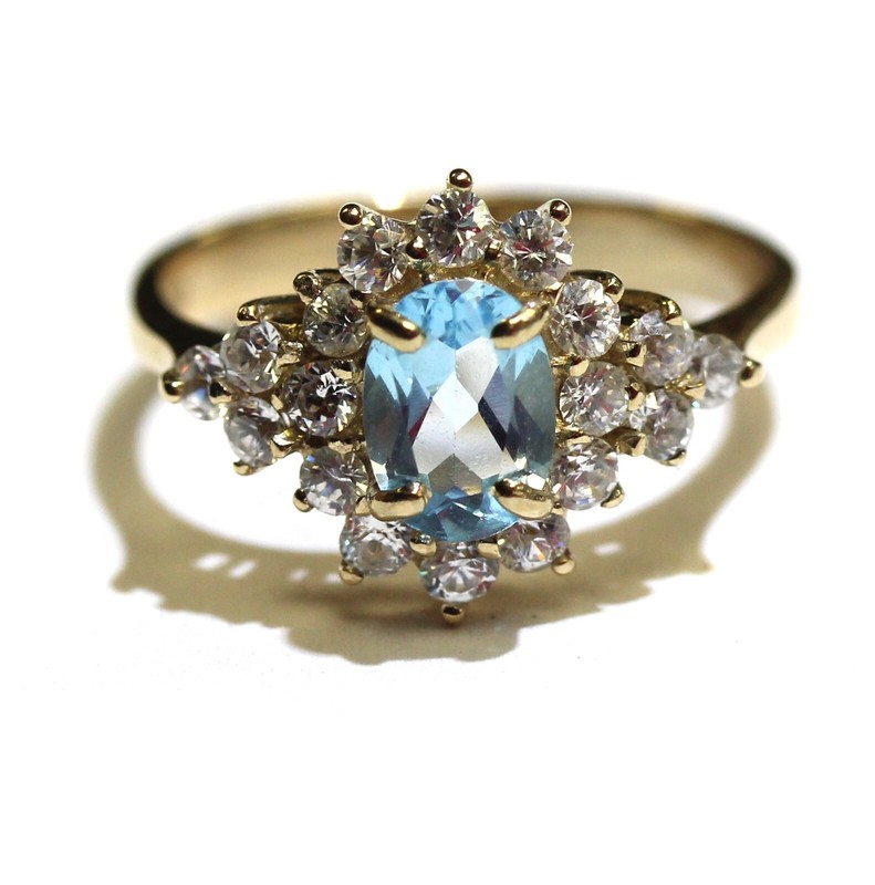10k yellow gold Blue White Topaz gemstone cluster ring 2.8g ladies size 6