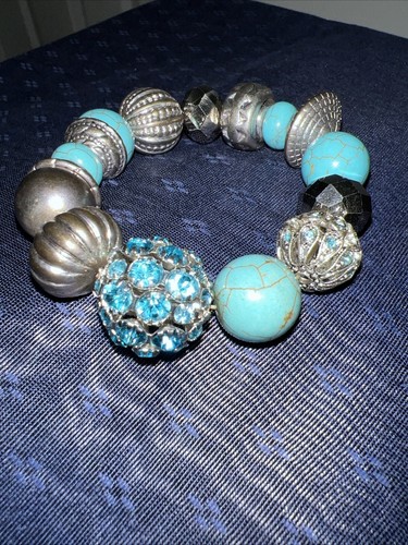 Bracelet Stretch Silver Tone Faux Turquoise Rhinestone Brass Tone Beads 8” Long