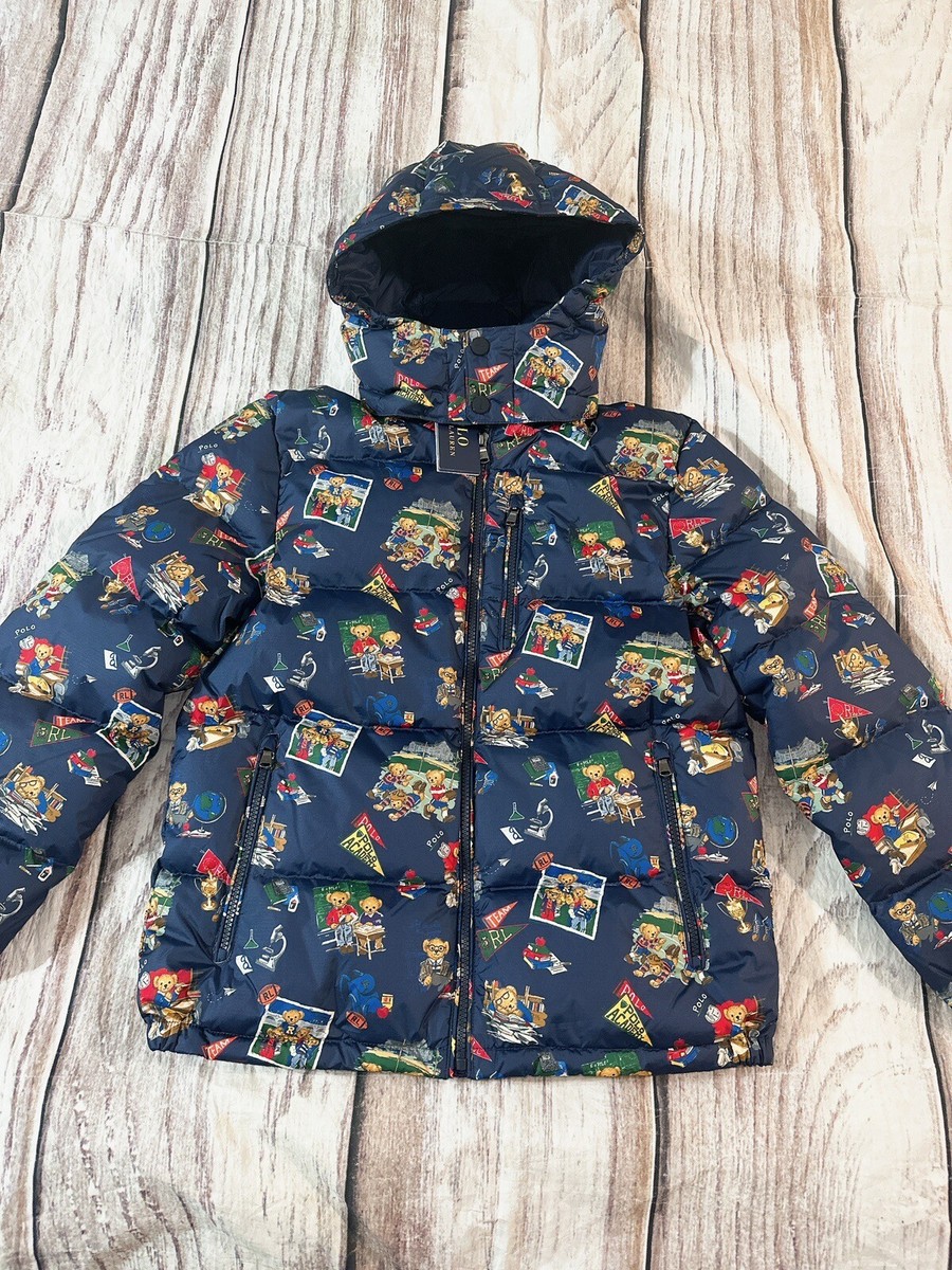 $215 Polo Ralph Lauren Boy's Bear AOP Hooded Puffer Jacket Size L