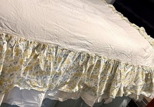 Vintage Yellow Blue Floral Double Ruffle Queen Bedskirt 16  Drop Cotton 60x80  