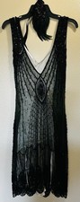 1920s Style Hand Beaded Flapper Dress Forest Green Black Beads Size S