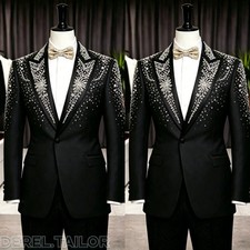 Men Black Tuxedo Suit Sparkly Rhinestone Peak Lapel Formal Wedding Groom Set