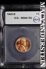 1945-D Lincoln Wheat Cent-ICG MS 66 RD Choice Gem BU No Reserve #SLL671