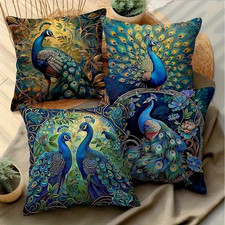 Beautiful Set of 4 Peacock Cushion Covers Throw Pillows Feathers Floral 45cm (B7