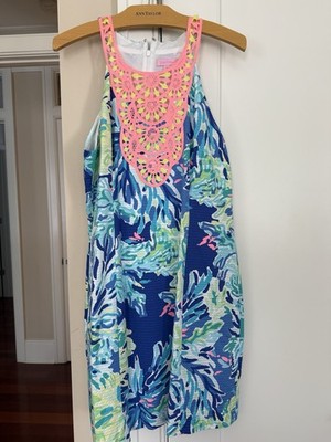 EUC Lilly Pulitzer Pearl Shift Dress 12 Brilliant Blue Wade Sea Embroidery Beach