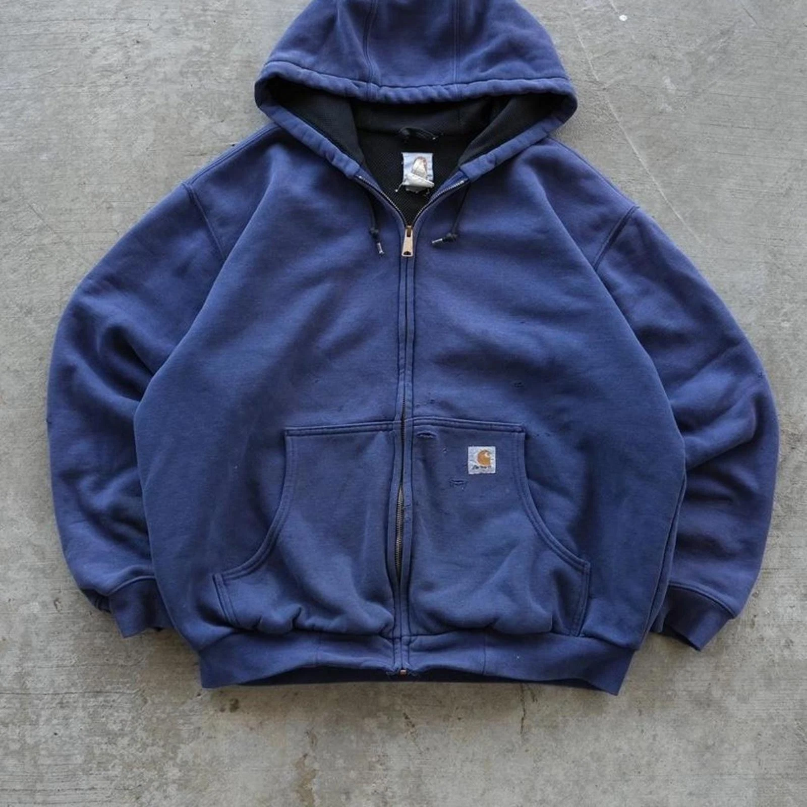 Faded worn Navy Carhartt zip up hoodie thermal lined zip up vintage size large