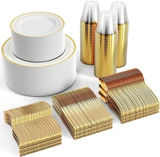 600Pcs Gold Disposable Dinnerware Set for 100 Guests for Parties Wedding US