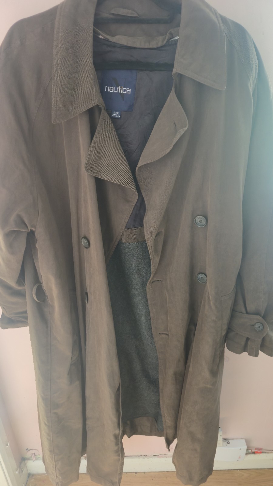 Nautica Khakai Brown Double Breasted Trench Coat 42r