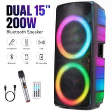 Dual 15'' Subwoofer Portable Bluetooth Speaker Heavy Bass Sound w/ Wireless Mic