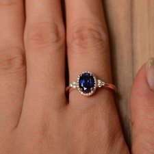 Lab Created Blue Sapphire Halo Engagement Ring For women's 925 Sterling Silver
