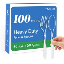 SACATR 100 Count Plastic Silverware Heavy Duty -50 Forks, 50 Spoons