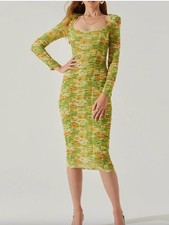 ASTR the Label Lime Yellow Floral Ruched Mesh Midi Dress Size Medium NWT