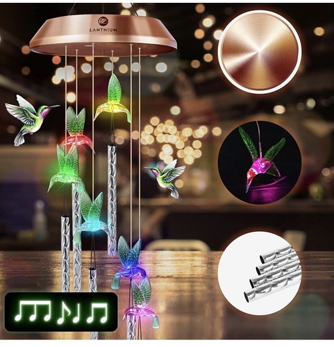 Lanthium Stainless Steel Solar Hummingbird Wind Chimes Long Lasting Lithium Batt - Picture 9 of 9