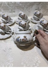 VINTAGE BAVARIA CHINA CHILD'S TEA CUPS  SAUCERS CHILDREN PLAYING