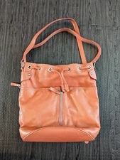 Garnet Hill Purse Peach Leather Bucket Bag Convertible Backpack Drawstring