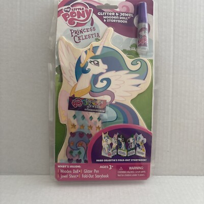 My Little Pony Princess Celestia Glitter & Jewel Wooden Doll & Storybook New