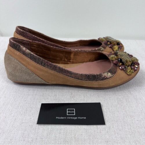 Bacio 61 Ballet Flats Womens Size 6.5 Tan 2 Tone Leather Embellished Beads Boho - Picture 1 of 14