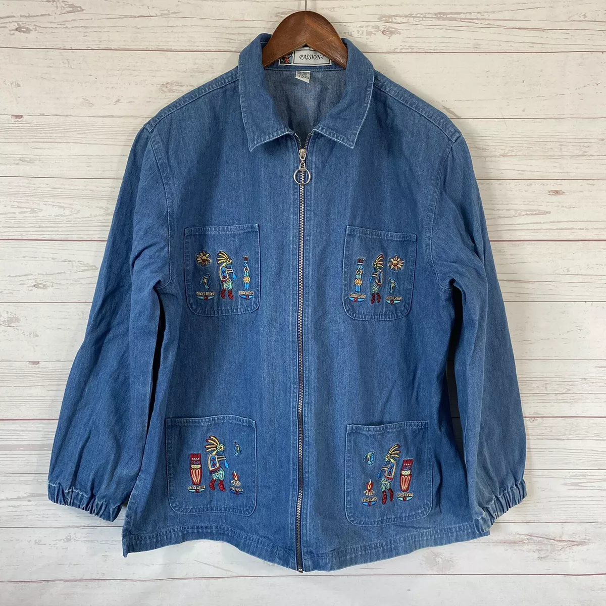 Vintage Passion-I Womens Southwest Embroidered Denim Jacket Medium Blue  Cotton