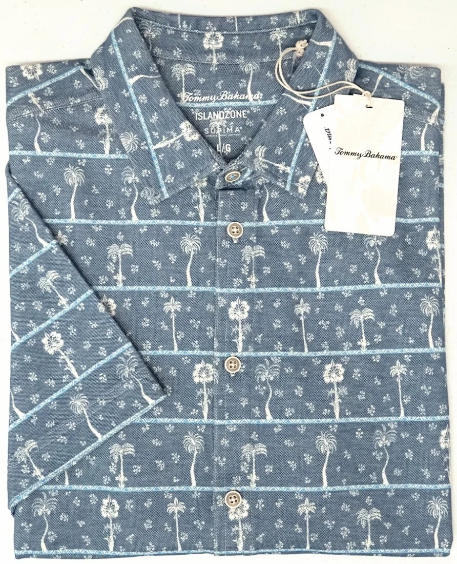 Tommy Bahama Floral Camp Shirt Breezeway Palm Blue Allure Supima Cotton $115